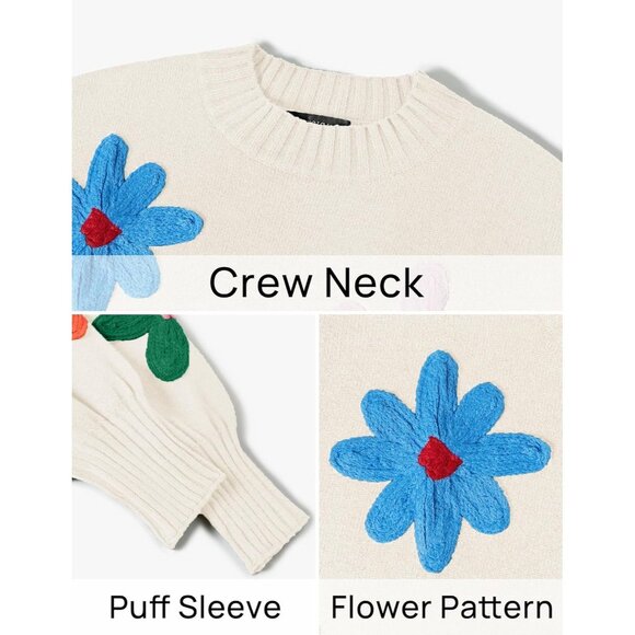 Women's Fall Long Puff Sleeve Crewneck Ribbed Knit Flower Loose Pullover Sweater - Picture 8 of 8